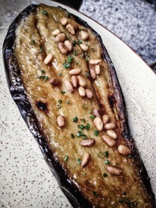 Honey roasted aubergine and pine nuts at Iberica La Terraza 