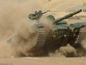 Army tank in a sand storm