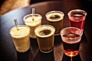 Different tea samples in shot glasses at the Amanzi Tea Rooms