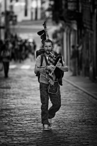 Man playing the Spanish bagpipe, AKA the Gaita